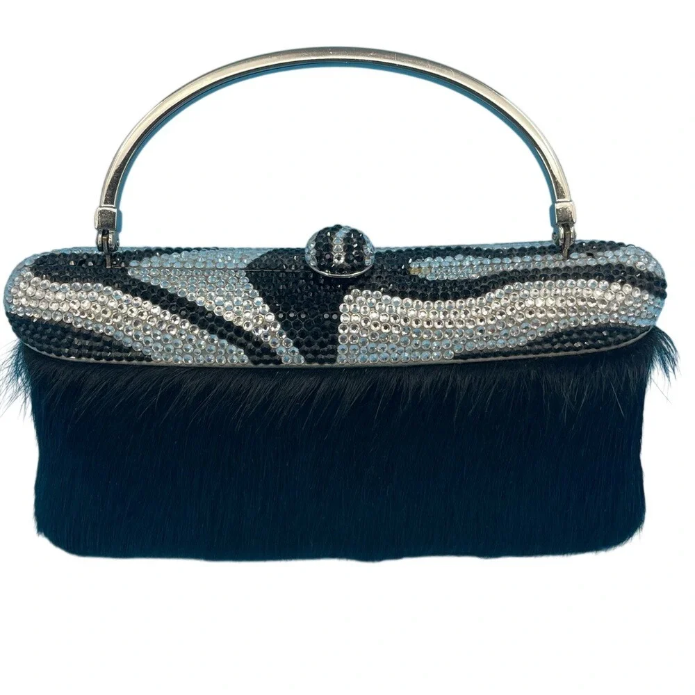 Isabella Adams New York Crystal Zebra Pattern Black Fur‎ Evening Bag